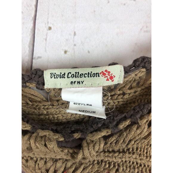 VIVID COLLECTION OF NY Sweater Womens medium Crochet Poncho Coral Cream Layering - Picture 3 of 4